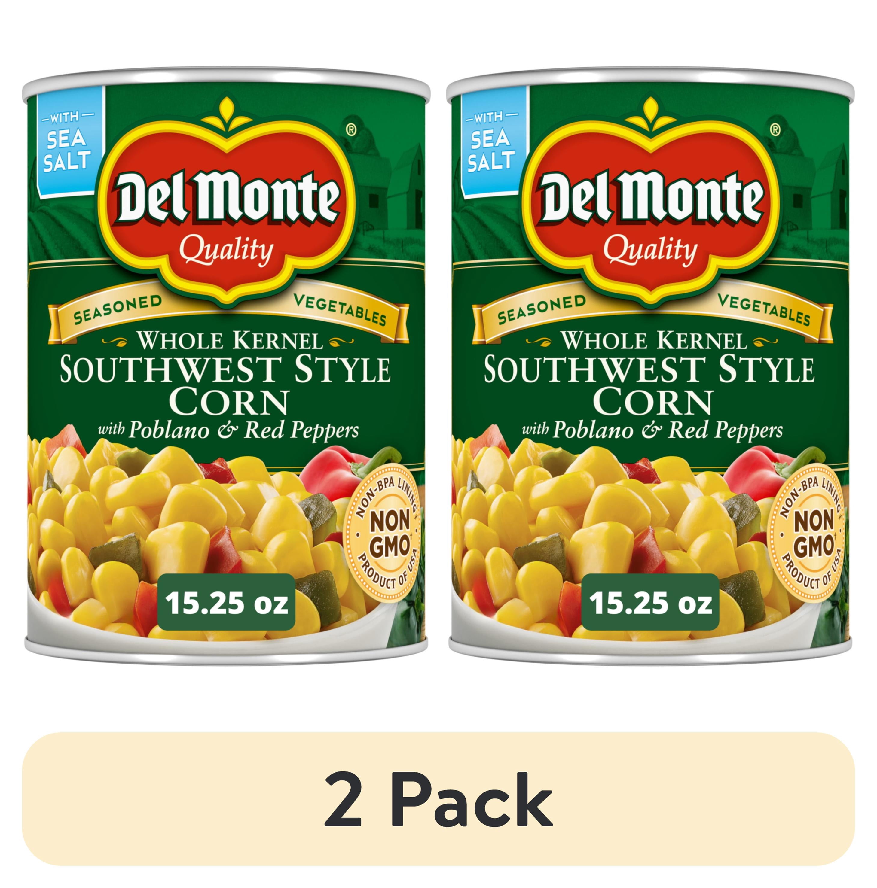 (2 pack) Del Monte Southwest Whole Kernel Corn with Peppers, Canned Vegetables, 15.25 oz Can