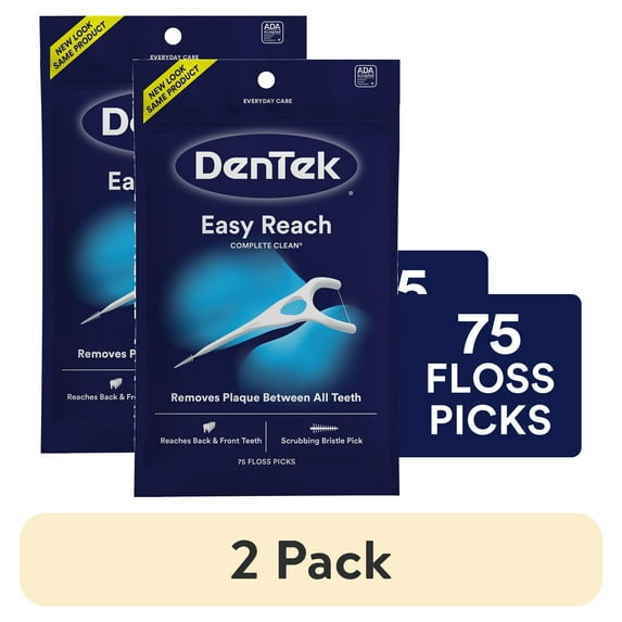 (2 pack) DenTek Complete Clean Easy Reach Floss Picks, No Break & No Shred Floss, 75 Count