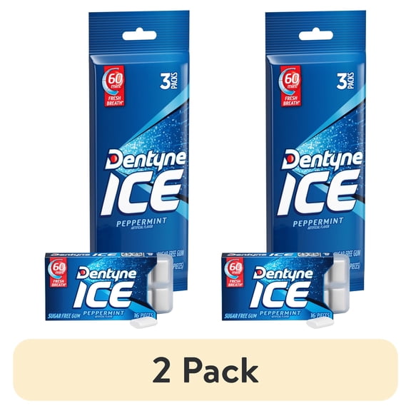 (2 pack) Dentyne Ice Sugar Free Peppermint Chewing Gum Blister pack, 16 Pieces, 3 pack