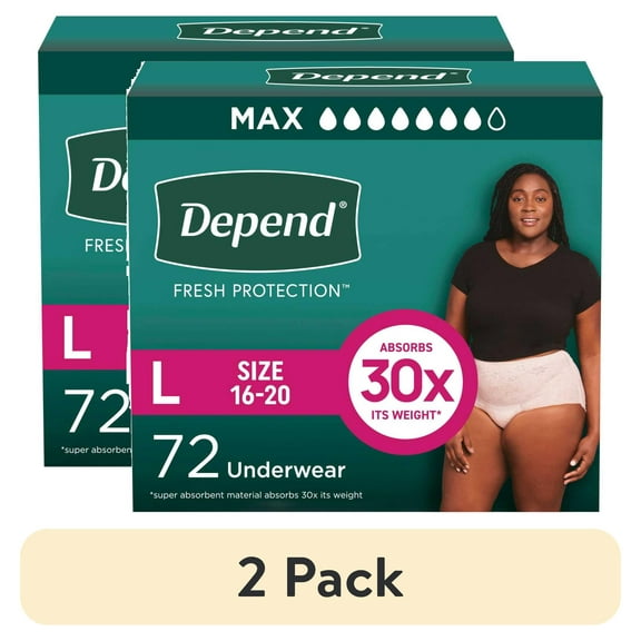 (2 pack) Depend Fresh Protection Incontinence Underwear for Women, Adult Diapers, L, 72 Count