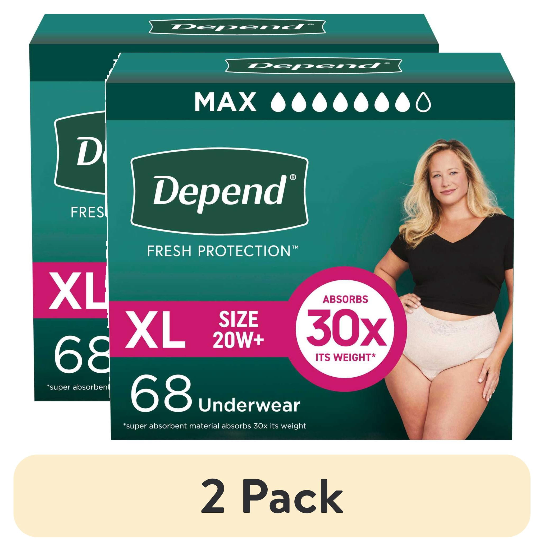 (2 pack) Depend Fresh Protection Incontinence Underwear for Women, Adult Diapers, XL (68 Count)