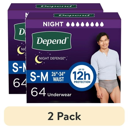 (2 pack) Depend Night Defense Incontinence Underwear for Men, Adult Diapers, S/M, 64 Count