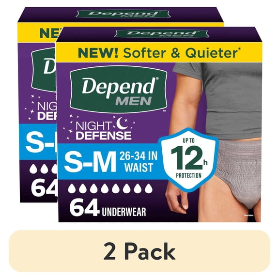 (2 pack) Depend Night Defense Incontinence Underwear for Men, Adult Diapers, S/M, 64 Count
