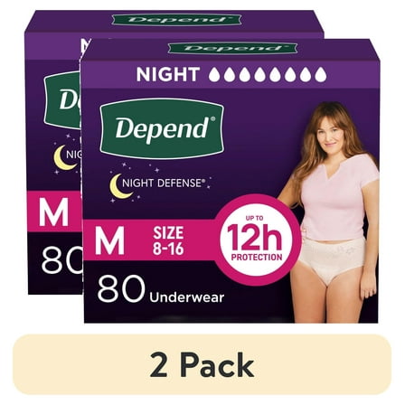 (2 pack) Depend Night Defense Incontinence Underwear for Women, Adult Diapers, M, 80 Count