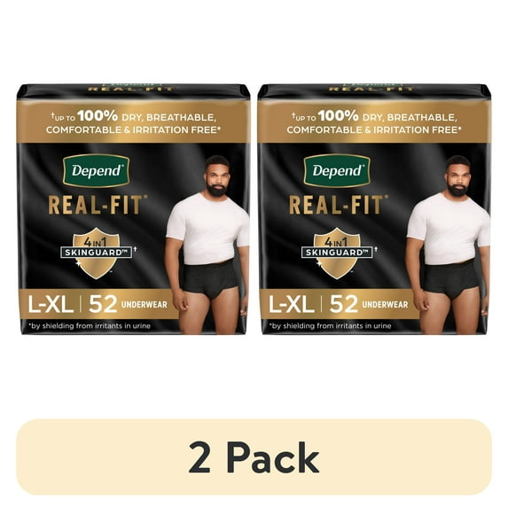 (2 pack) Depend Real Fit Incontinence Underwear for Men, Adult Diapers, L/XL, Black, 52 Count