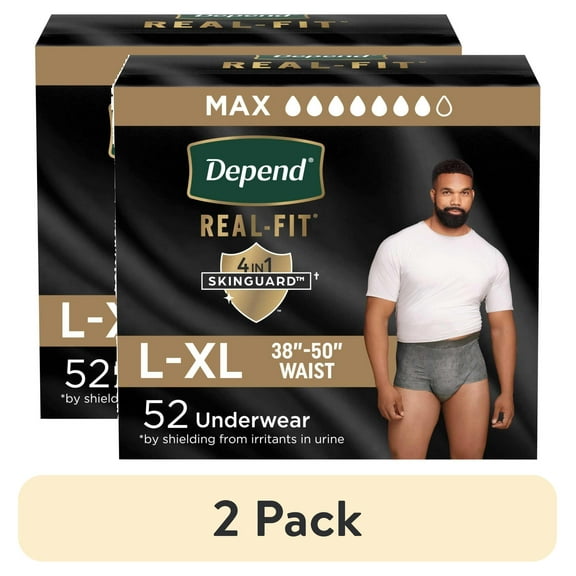 (2 pack) Depend Real Fit Incontinence Underwear for Men, Adult Diapers, L/XL, Grey, 52 Count