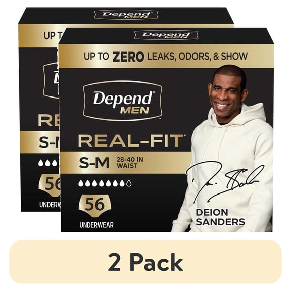 (2 pack) Depend Real Fit Incontinence Underwear for Men, Adult Diapers, S/M, Black, 56 Count