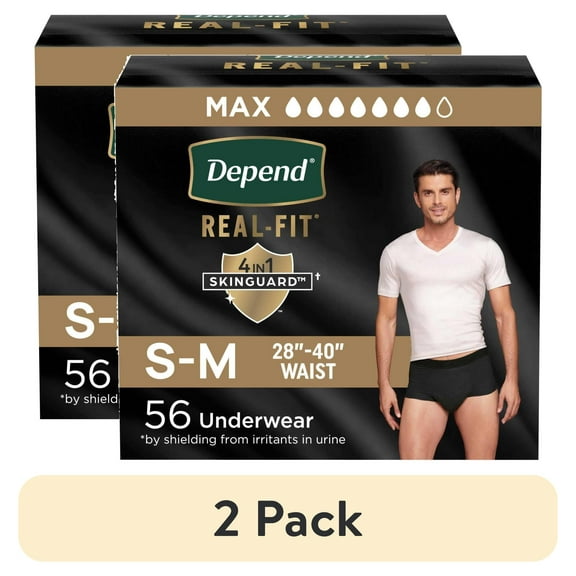 (2 pack) Depend Real Fit Incontinence Underwear for Men, Adult Diapers, S/M, Black, 56 Count