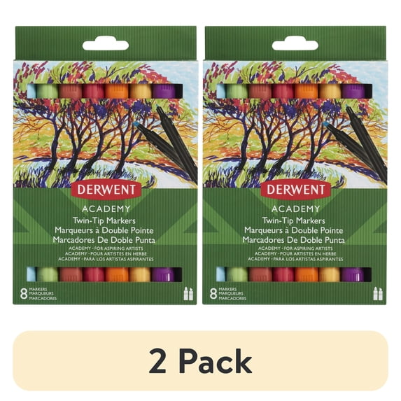 (2 pack) Derwent Academy Twin-Tip Markers, Art Markers, 8 Pack, Assorted Colors (98208)