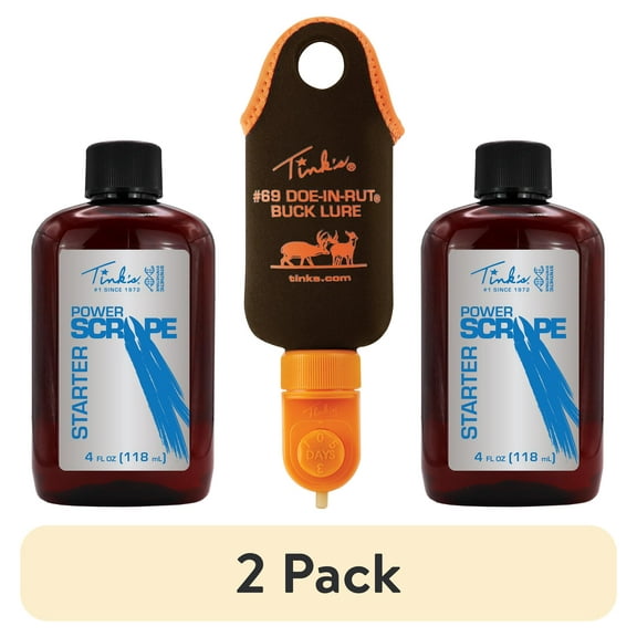 (2 pack) Tink's® Dial-A-Dripper Mock Scrape Starter Kit with two 4 oz. bottles of Tink’s® Power Scrape® Mock Scrape Starter Scent and one Dial-A-Dripper with neoprene hanging bag.
