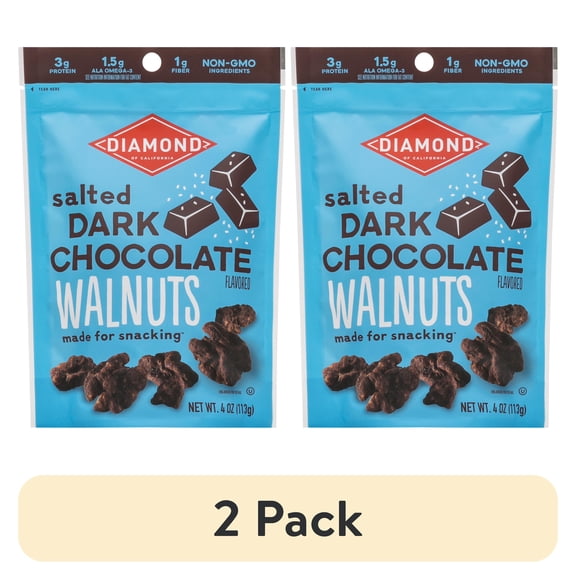 (2 pack) Diamond, Salted Dark Chocolate Walnuts, Crunchy, 4 oz Shelf Stable Plastic Pouch