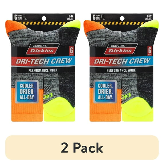 (2 pack) Dickies Men's Dri-Tech Crew Sock, 6-Pack, Hi-Viz Size 6-12