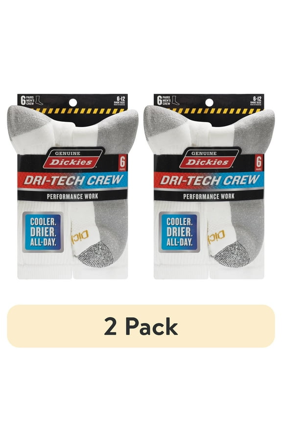 (2 pack) Dickies Men's Dritech Crew Sock, 6 Pack White Greypad Size 6-12