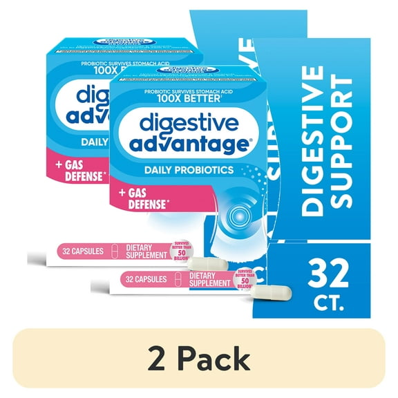 (2 pack) Digestive Advantage Gas Defense Probiotics For Women And Men, Digestive Enzymes For Gut Health, 32 Capsules
