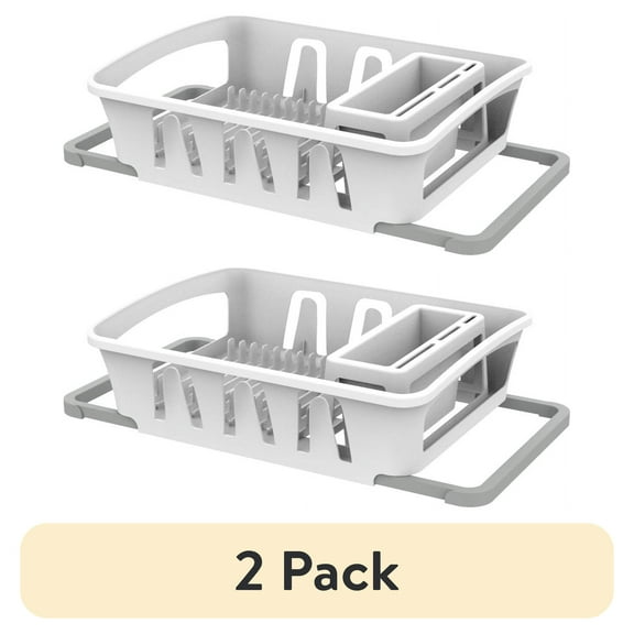 (2 pack) Mainstays Expandable Kitchen Dish Drying Rack with Utensil Holder, Countertop Dish Drainer Rack for Plates, Cups and Kitchen Sink Organization, White