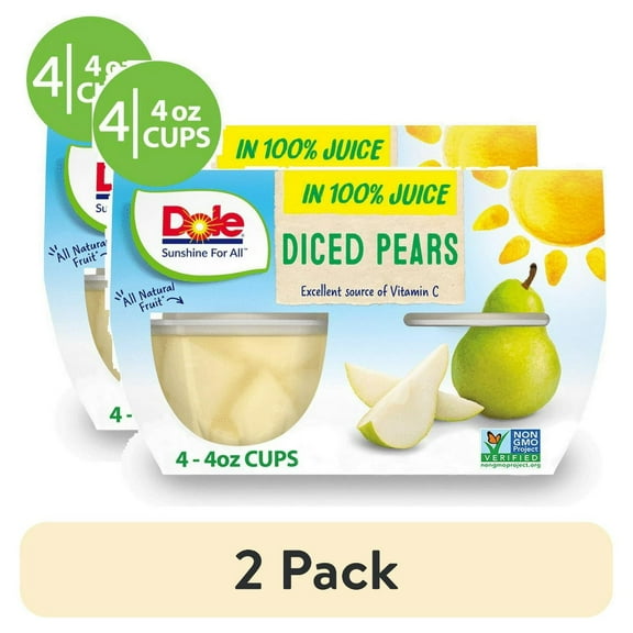 (2 pack)Dole Fruit Bowls Diced Pears in 100% Fruit Juice, 4 oz Cups (4 Pack)