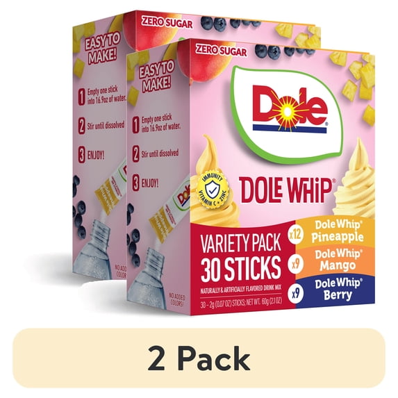 (2 pack) Dole Whip Powder Drink Mix Variety Pack, Pineapple, Mango, & Berry, Zero Sugar, 30 Sticks