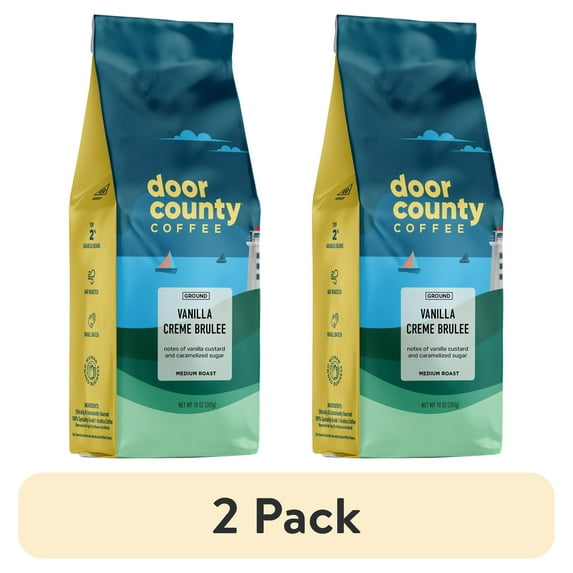 (2 pack) Door County Coffee Vanilla Crème Brulee, Vanilla & Caramelized Sugar Flavored Specialty Arabica Coffee, Medium Roast, Ground, 10oz Bag