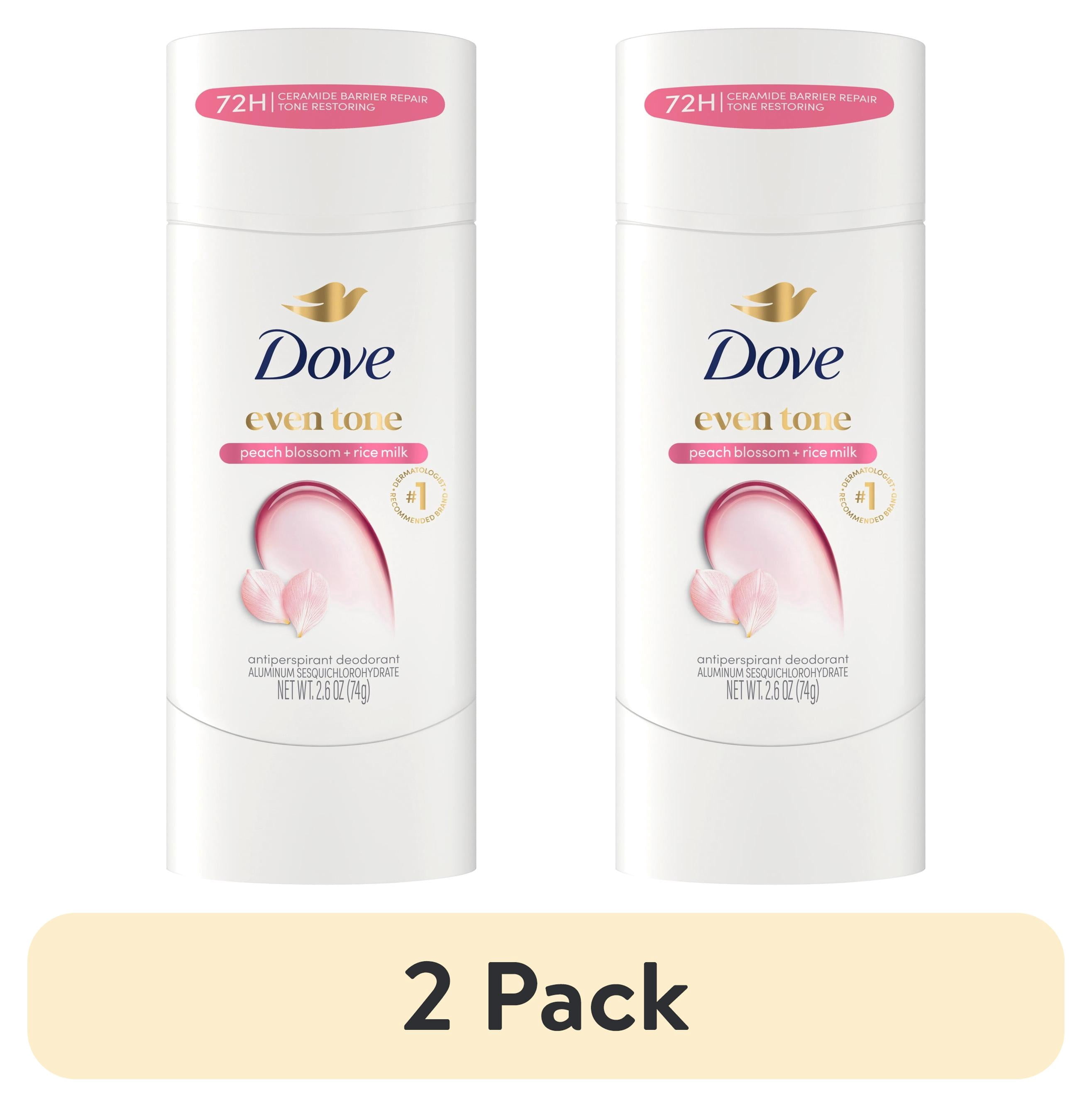 (2 pack) Dove Antiperspirant Deodorant Stick Peach Blossom & Rice Milk For Uneven Skin Tone 48-hour Odor and Sweat Protection, 2.6 oz