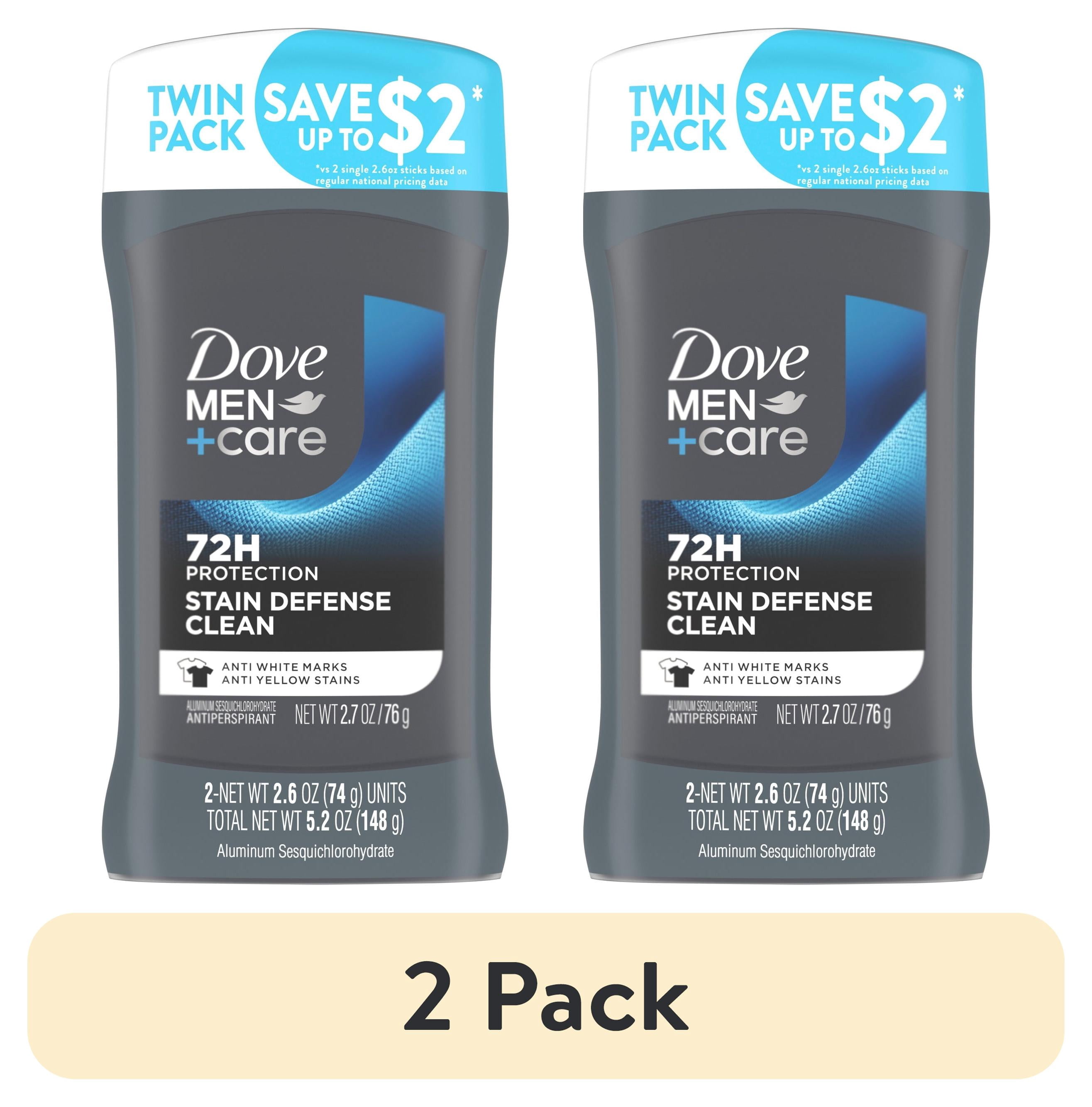 (2 pack) Dove Men+Care Deodorant Stick for Men, Anti-white Marks & Anti-yellow Stains Stain Defense Clean with 72-hour Sweat and Odor Protection, 2.6 oz Twin Pack