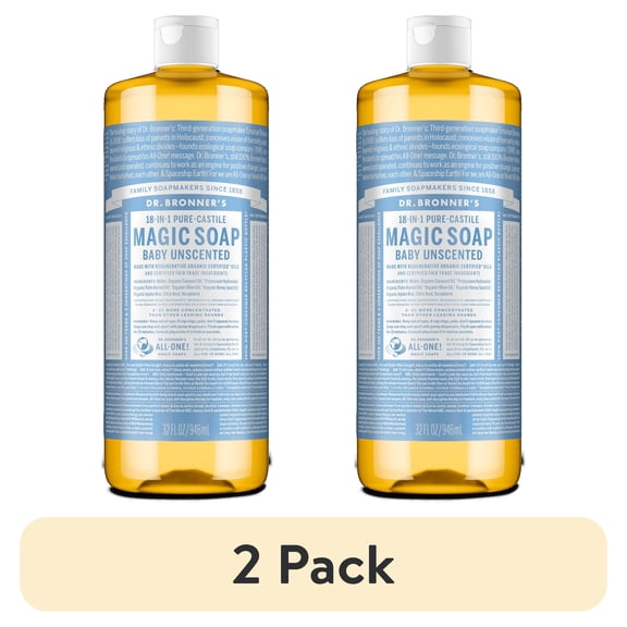 (2 pack) Dr. Bronner's Magic Soap - Castile Liquid Soap - 32 oz - Body Wash, Face Wash - Unscented - Age Group: Baby & All Ages