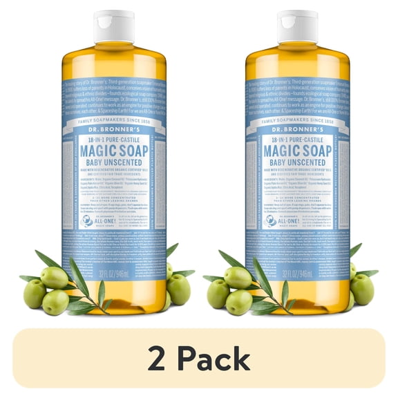 (2 pack) Dr.Bronner's Magic Soap, Baby Unscented, Pure-Castile Body Wash Liquid Soap, 32 fl oz