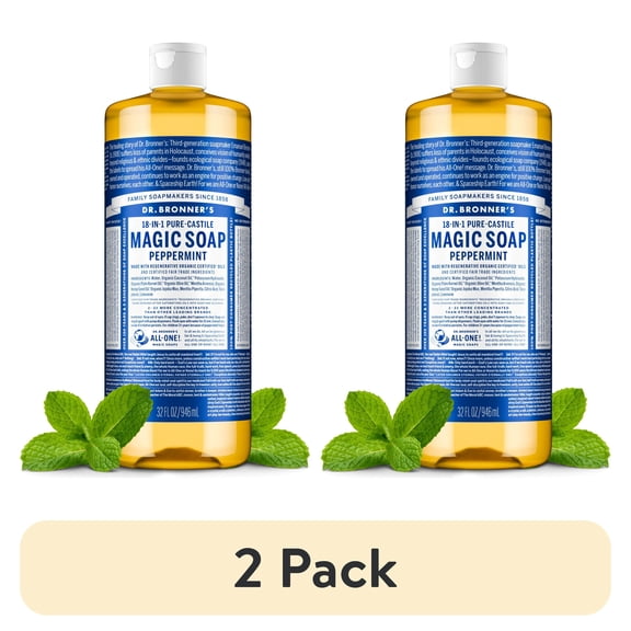 (2 pack) Dr.Bronner's Magic Soap, Peppermint, Pure-Castile Body Wash Liquid Soap, 32 fl oz