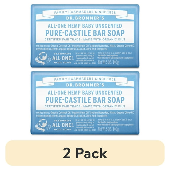 (2 pack) Dr. Bronner's Magic Bar Soap – Baby Unscented - Pure-Castile Soap - 5 oz - for face, body, hands