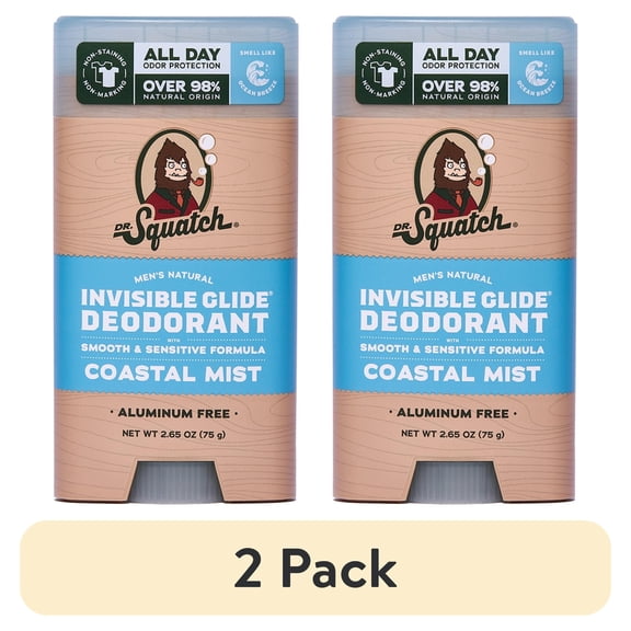 (2 pack) Dr. Squatch Mens Invisible Glide Deodorant Stick, Natural Aluminum Free Deodorant for Men, Coastal Mist, 2.65 Oz