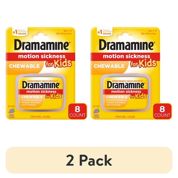 (2 pack) Dramamine Kids Chewable, Motion Sickness Relief, Grape Flavor, 8 Count