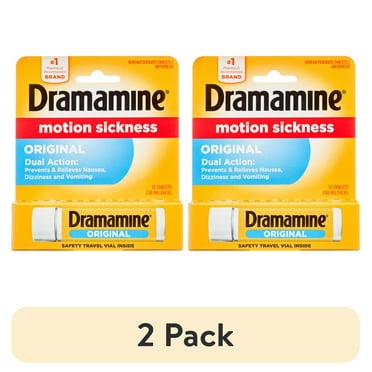 (2 pack) Dramamine Original, Motion Sickness Relief, Sensitive Stomach Travel Vial, 12 Count