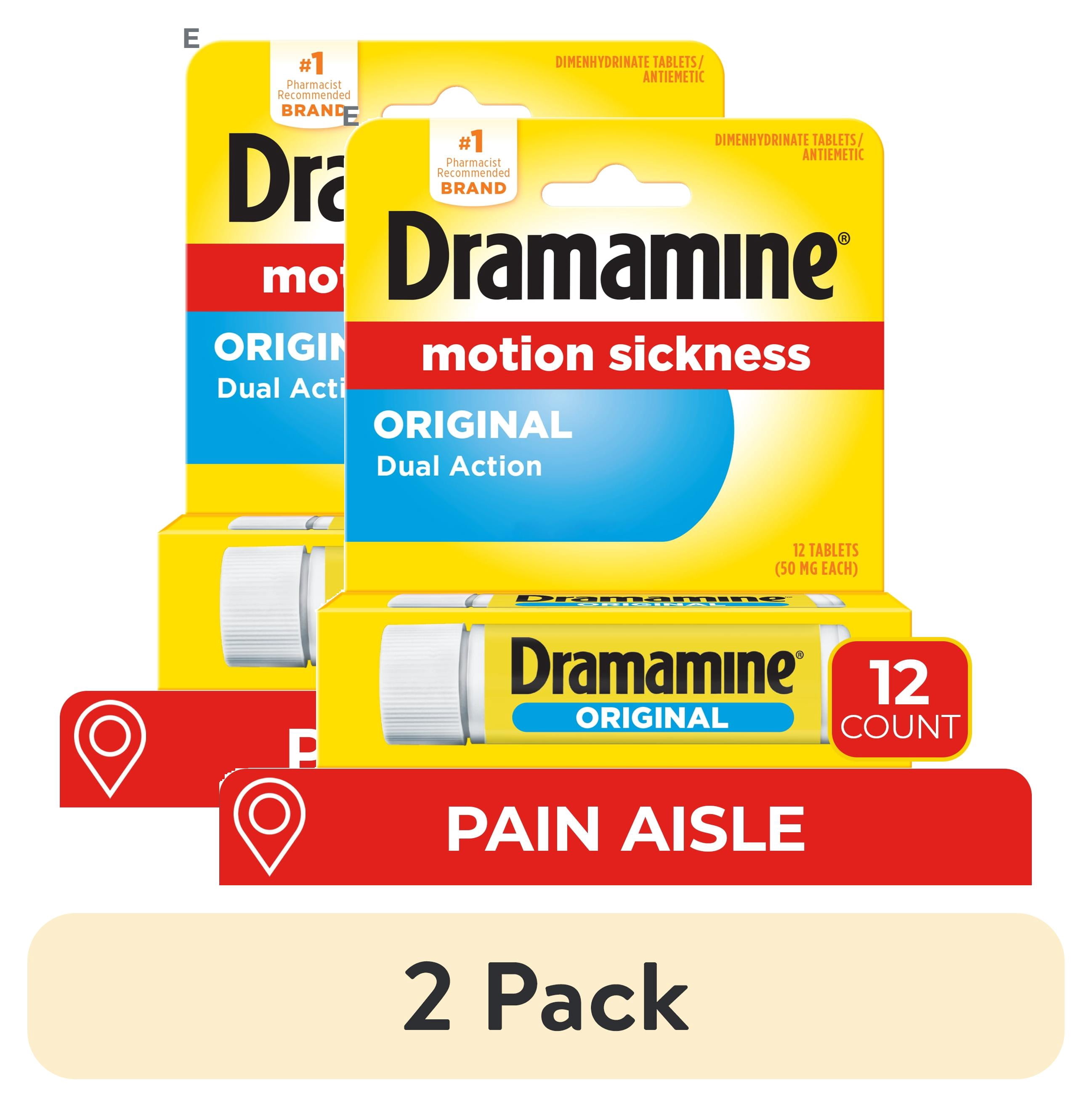 (2 pack) Dramamine Original, Motion Sickness Relief, Sensitive Stomach Travel Vial, 12 Count