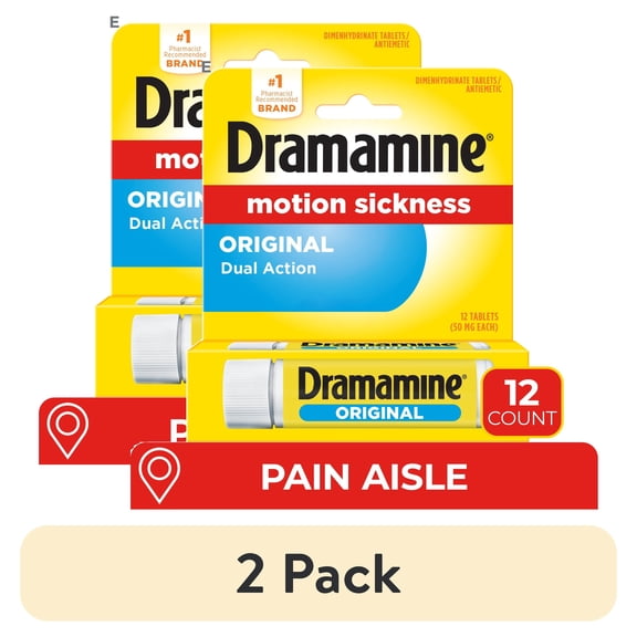 (2 pack) Dramamine Original, Motion Sickness Relief, Sensitive Stomach Travel Vial, 12 Count