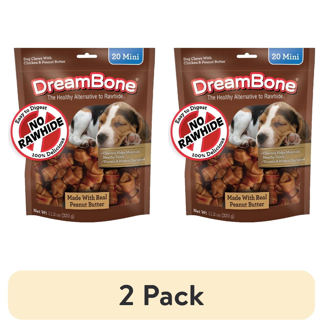 (2 pack) DreamBone Peanut Butter Flavored Rawhide-Free Chews for Dogs, Mini Bones, 20 Count, 11.3 oz.