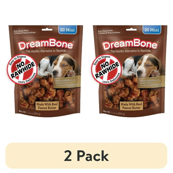 (2 pack) DreamBone Peanut Butter Flavored Rawhide-Free Chews for Dogs, Mini Bones, 20 Count, 11.3 oz.