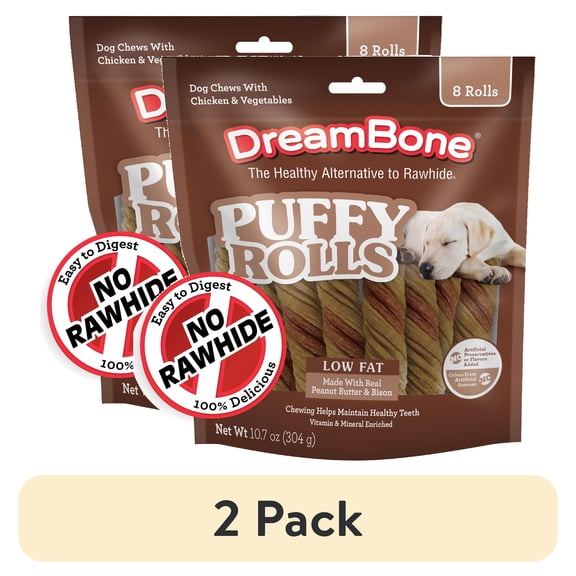 (2 pack) DreamBone Puffy Rolls Chews for Dogs, Treat Your Dog to Easy-to-Digest Rawhide-Free Chews Made with Real Peanut Butter and Bison, 8 Count