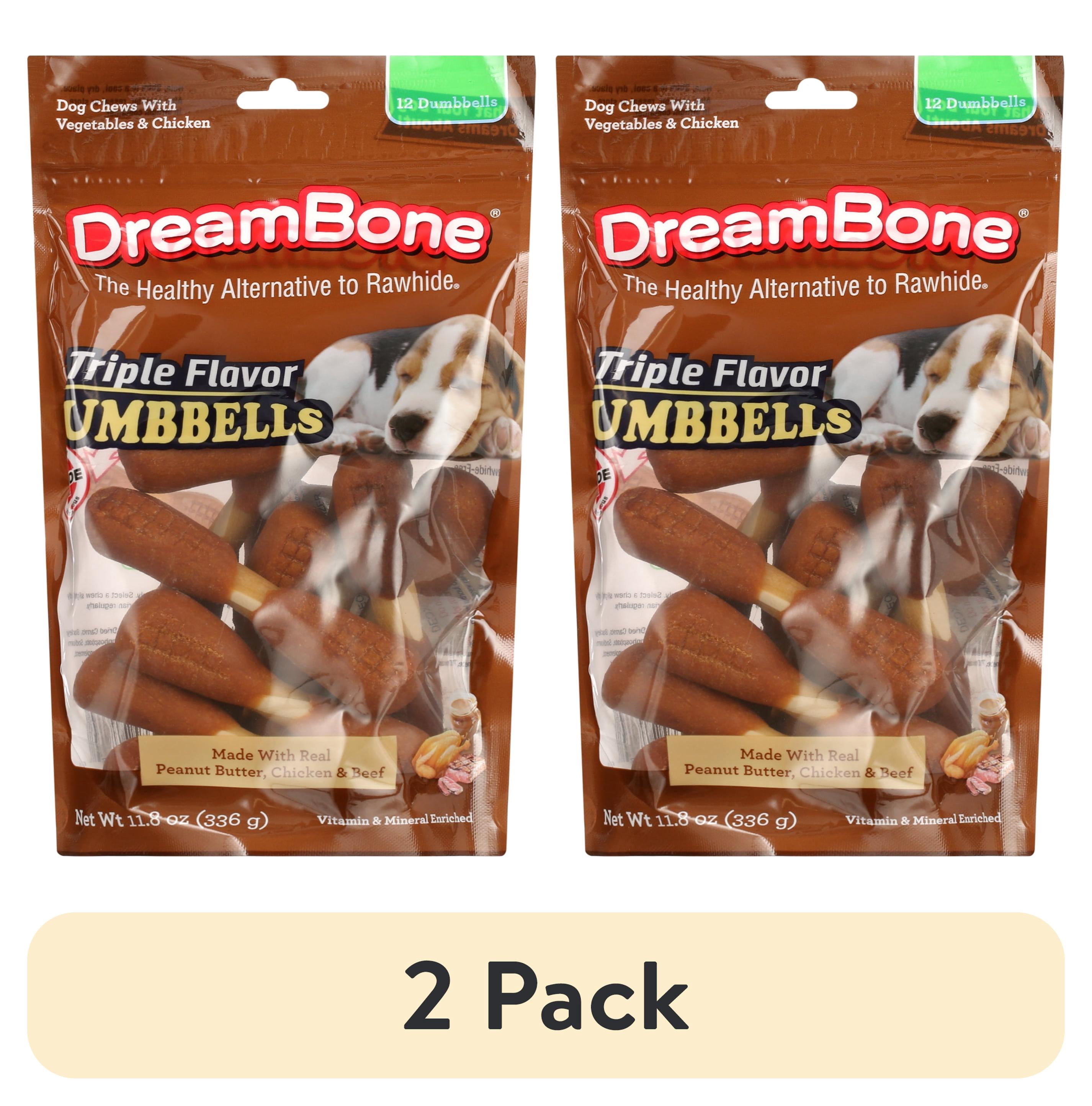 (2 pack) DreamBone Triple Flavor Dumbbells Rawhide-Free Chews for Dogs, Made with Peanut Butter, 12 Count