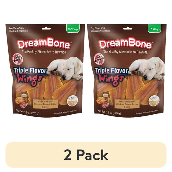 (2 pack) DreamBone Triple Flavor Wings Rawhide-Free Chews for Dogs, Made with Real Peanut Butter, 10 Count