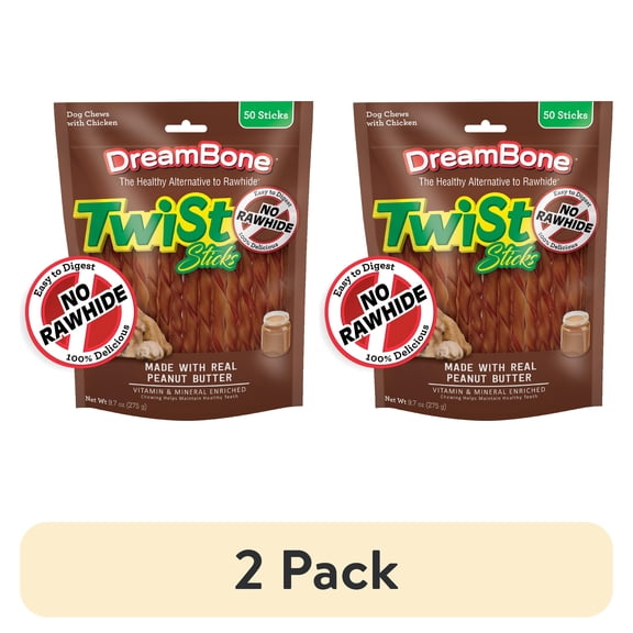 (2 pack) DreamBone Twist Sticks Rawhide-Free Chews for Dogs, with Real Peanut Butter, 50 Count
