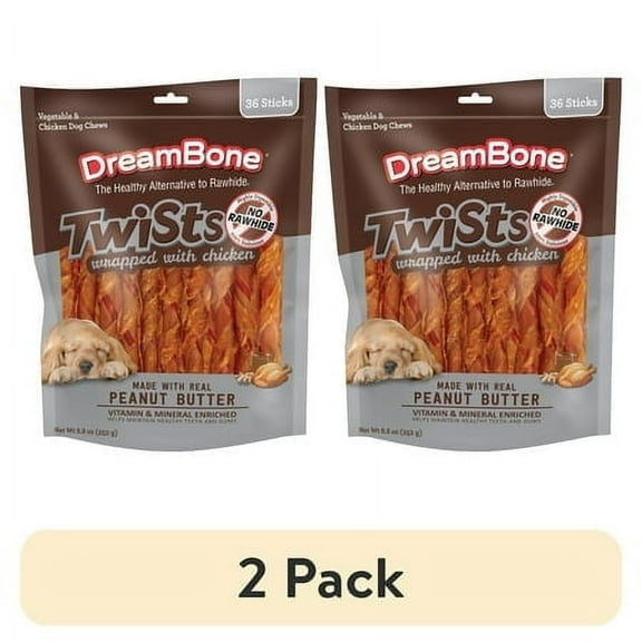 (2 pack) DreamBone Twists Wrapped With Chicken, Made With Real Peanut Butter, No-Rawhide Chews For Dogs, 36 Sticks