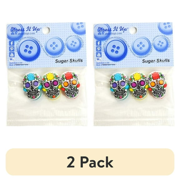 (2 pack) Dress It Up Buttons, Sugar Skulls, Day of the Dead Craft Fasteners, Multi Color