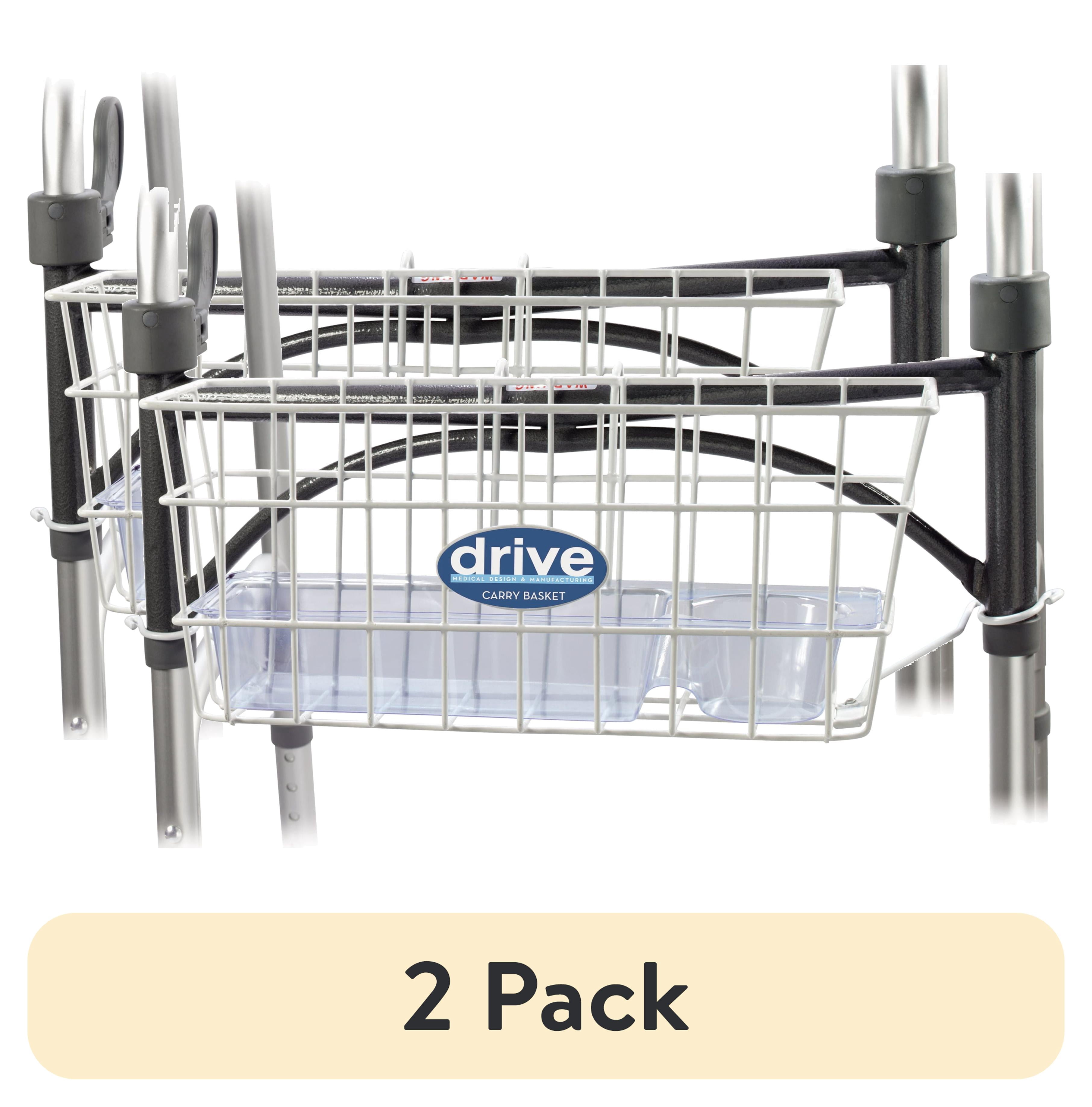 (2 pack) Drive Medical Walker Basket with Plastic Insert Tray and Cup Holder, Aluminum, Compatible with 1" Folding Walkers