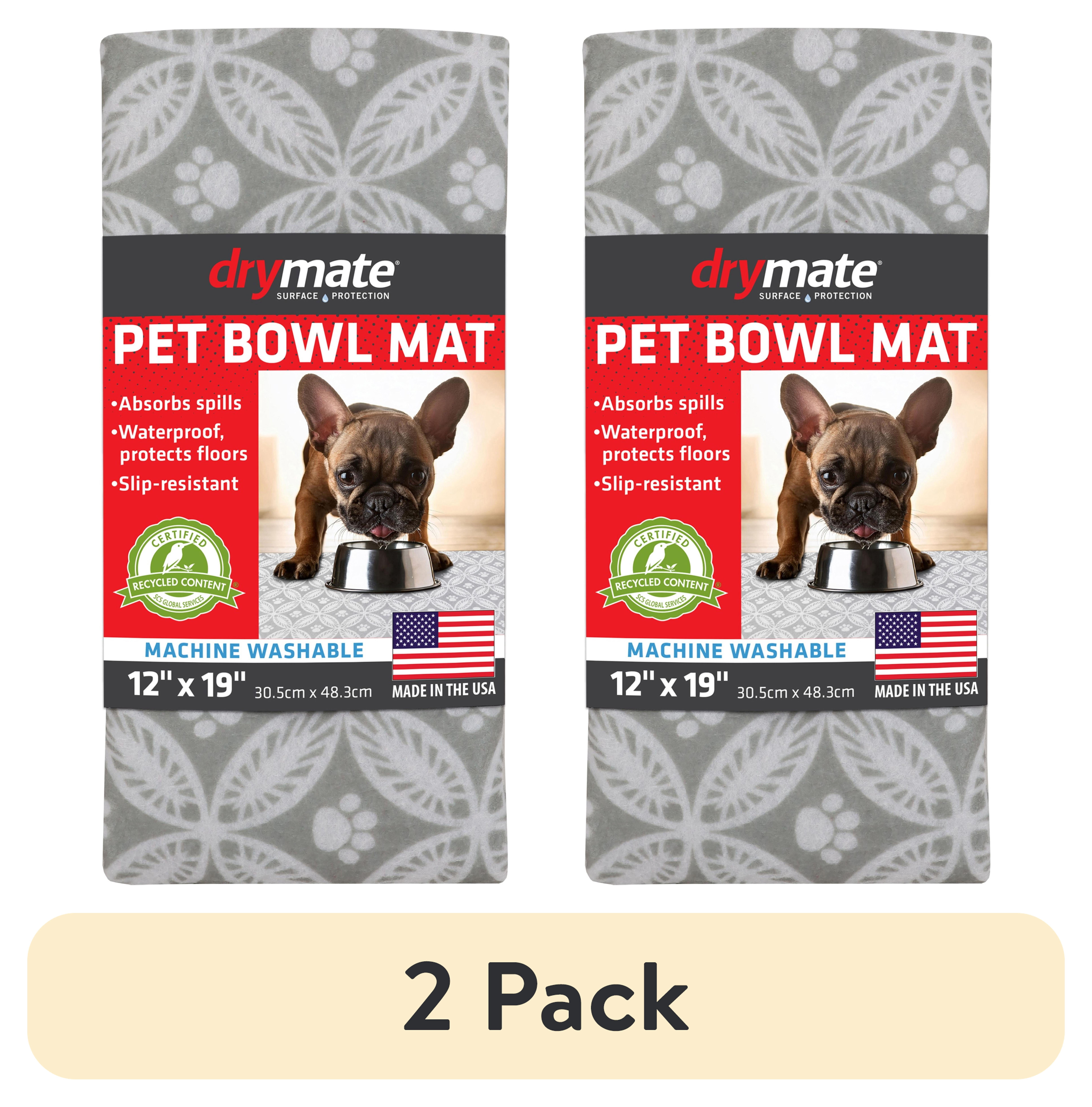 (2 pack) Drymate Pet Bowl Placemat, Dog & Cat Food Feeding Mat (12" x 19") - Absorbent Fabric, Waterproof Backing, Machine Washable