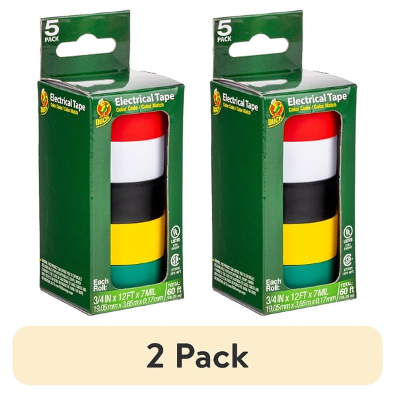 (2 pack) Duck .75 in. x 12 ft. x 7 mil. Color Coding Electrical Tape, Multi-Color, 5 Pack