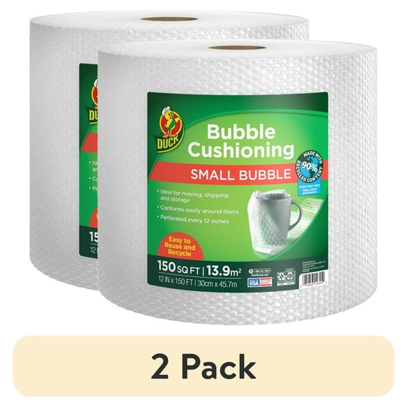(2 pack) Duck 90% Recycled Content Small Bubble Cushioning Wrap, 12 in x 150 ft, Clear, 287224