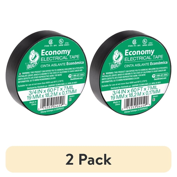 (2 pack) Duck Brand 0.75" x 60 ft. x 7 mm, Black Auto Electrical Tape
