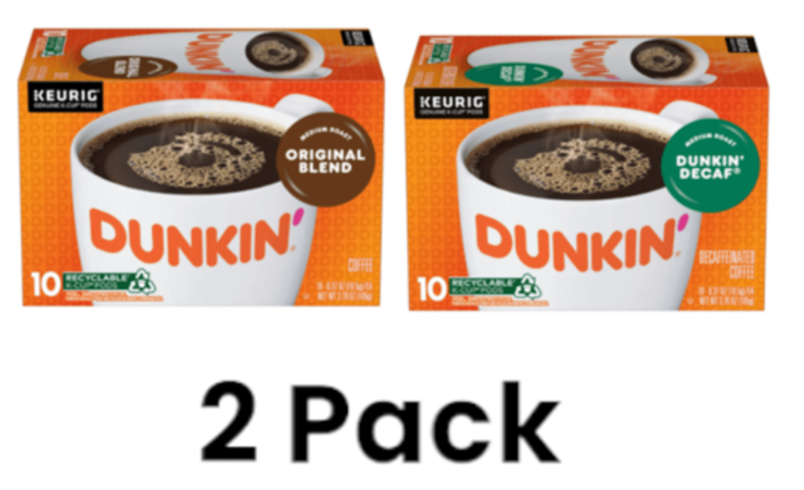 (2 pack) Dunkin' Original and Decaf Coffee, Medium Roast, Keurig K-Cup Pods, 10 Count Box - 1 each