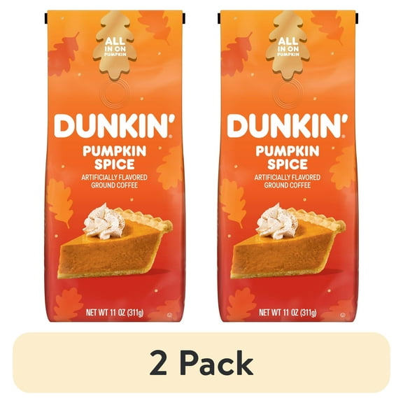 (2 pack) Dunkin’ Pumpkin Spice Artificially Flavored Ground Coffee, 11 oz Bag