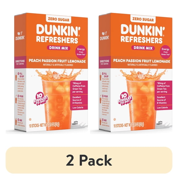 (2 pack) Dunkin' Refreshers Peach Passionfruit Lemonade, Singles to Go Powdered Drink Mix, 10 Count Packets