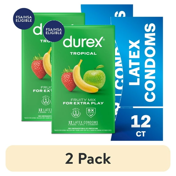 (2 pack) Durex Tropical Flavored Condoms For Men, Natural Lubricated Rubber Latex, FSA/HSA,12 ct